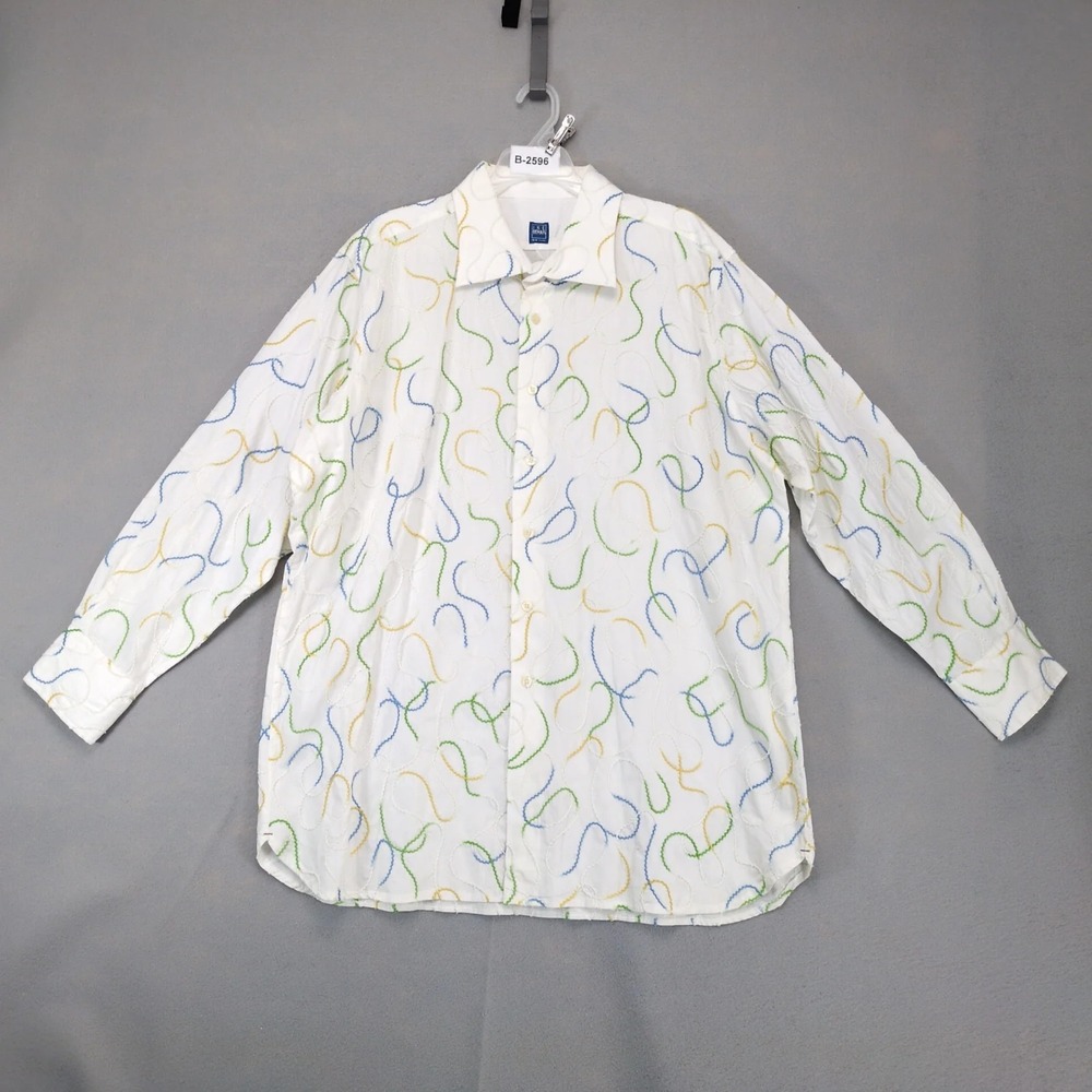 Vintage 90s Ike Behar White Abstract Embroidered Shirt Mens 2XL Avant Garde Art
